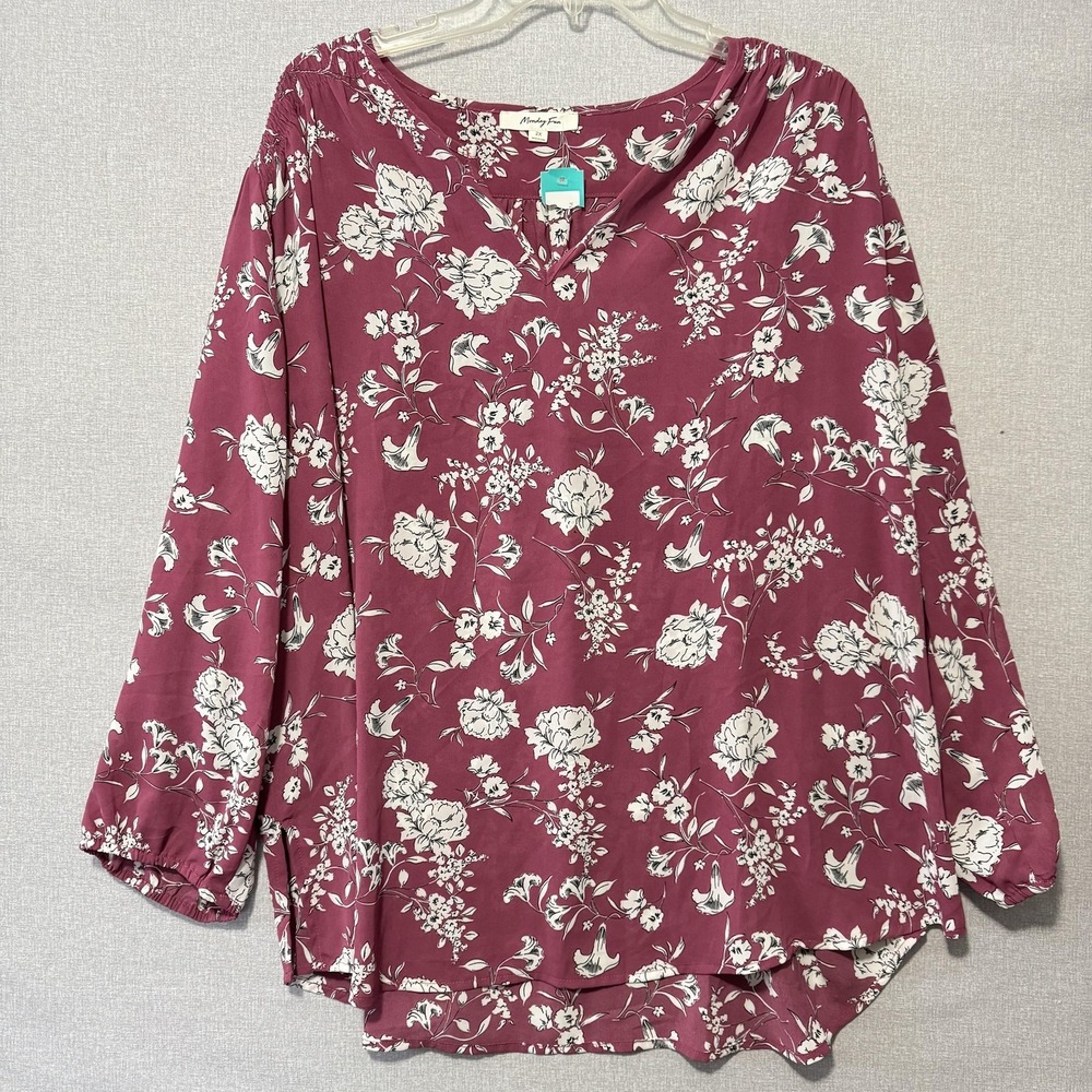 Monday Fun Blouse Womens 2X Pink Floral V Neck Long Sleeve Boho Tunic Top‎ NEW